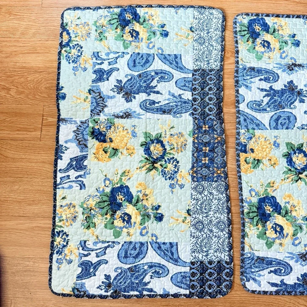 2 Patchwork Quilted King Size Pillow‎ Shams Cobalt Blue Paisley Cottagecore Set